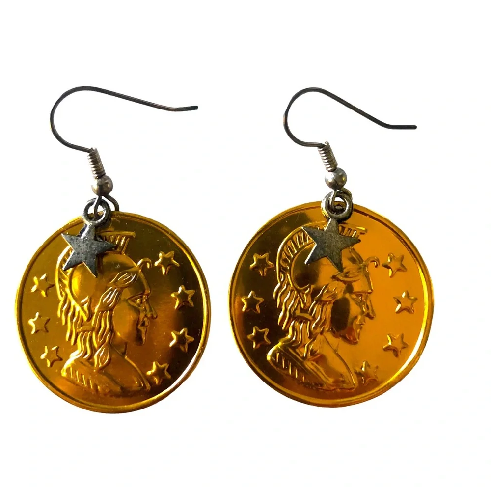 Earrings coin disk lightweight Star dangle - Picture 1 of 12